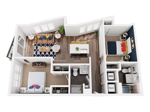 Floor plan for 2 beds, 2 baths, 1025 sqft